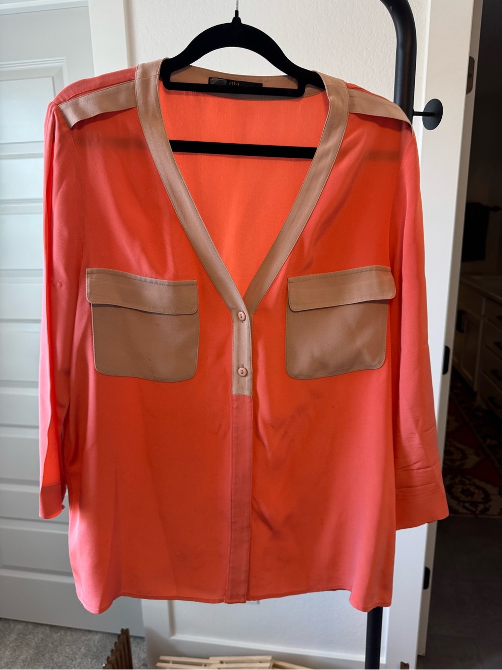Tibi Coral Blouse with Black Trim